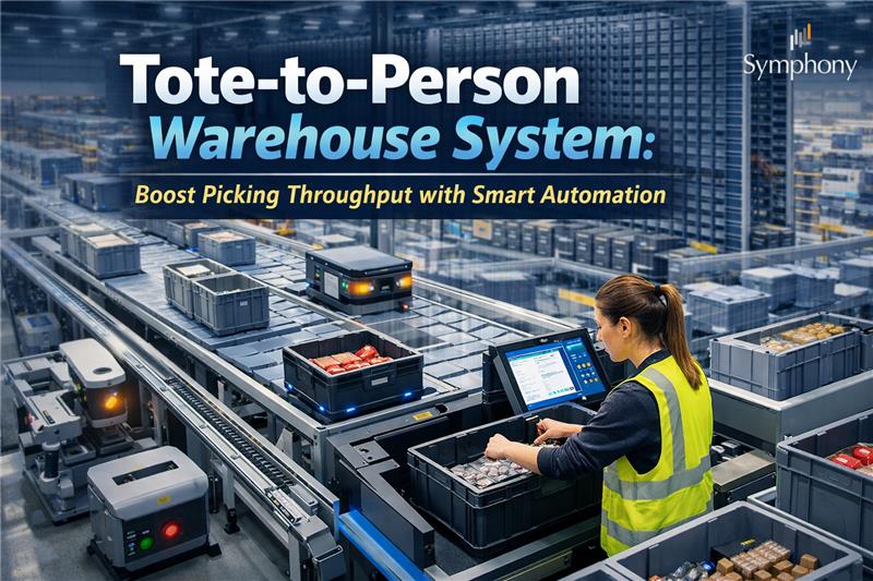 Sistem gudang tote-to-person dengan konveyor otomatis yang mengantarkan kontainer ke operator untuk proses pengambilan barang