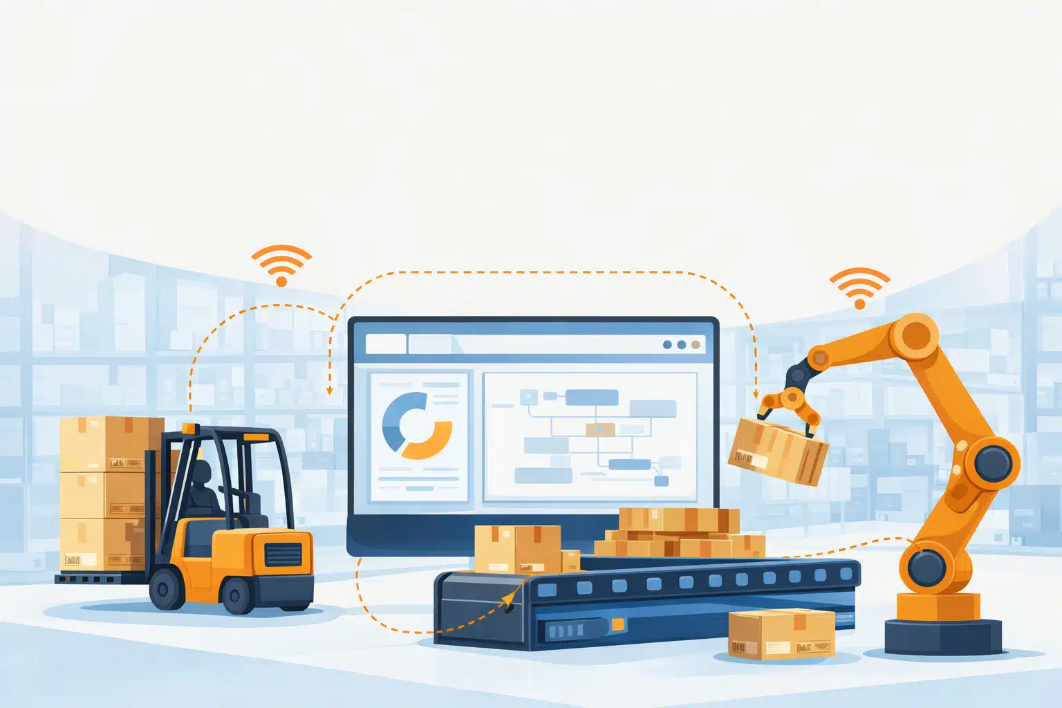 Robot dan konveyor gudang e-commerce