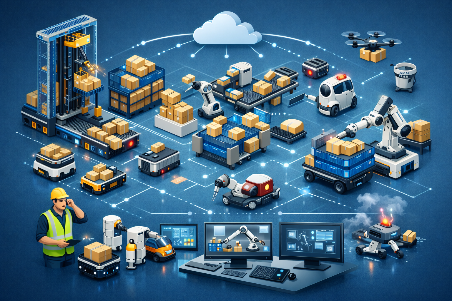 ASRS, AMRs, and goods-to-person systems from different vendors malfunctioning in a futuristic warehouse under cool blue lighting — visualizing why multi-vendor warehouse automation breaks down when systems fail to coordinate.