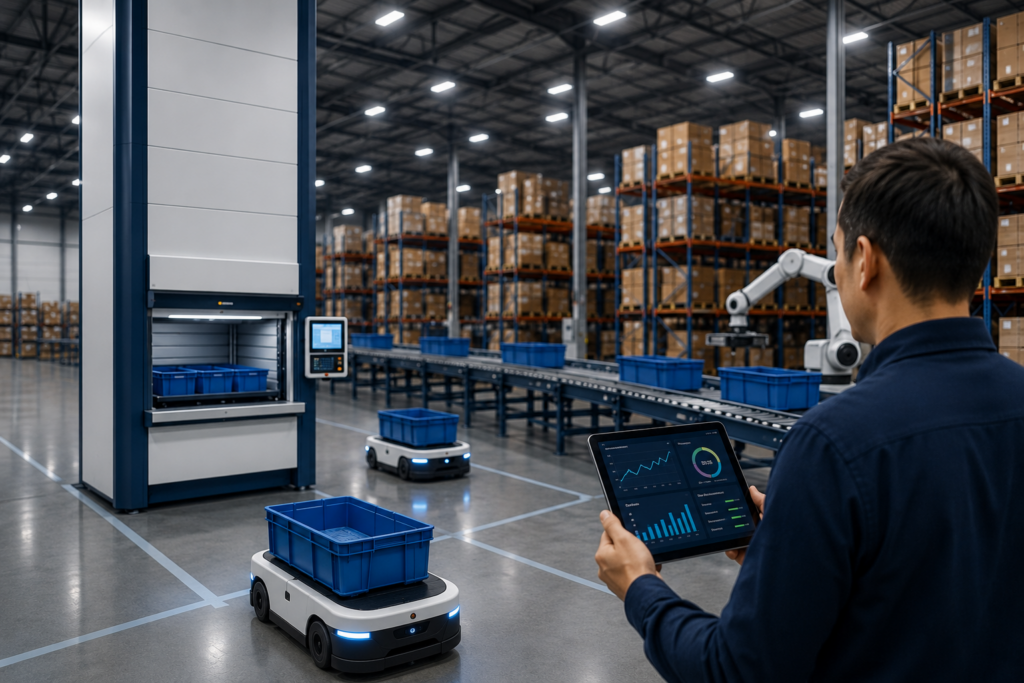Dasbor otomatisasi gudang bertahap yang menampilkan pemantauan secara langsung terhadap modul pengangkat vertikal, robot mobil otonom, sistem konveyor, dan otomatisasi robotik.